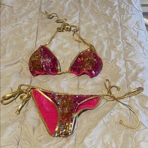 Doll- Pink and Gold Sequin Bikini Set